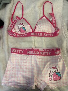 Hello Kitty Pink Gingham Bra & Shorts Set with Strawberry Motif